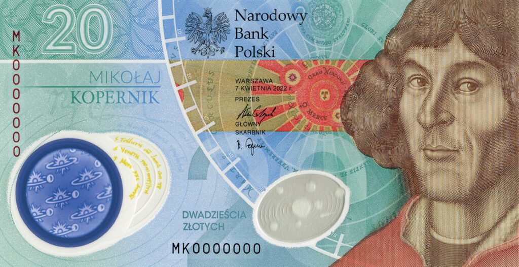 Banknot 20 złotych z wizerunkiem Mikołaja Kopernika, emitowany przez Narodowy Bank Polski.