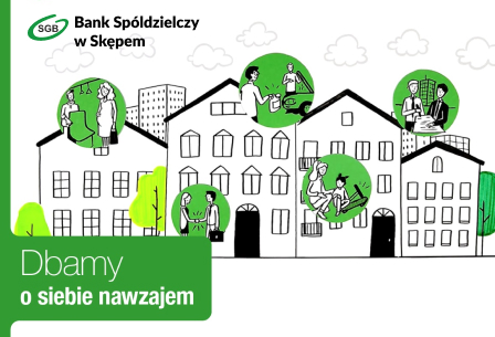 Ilustracja przedstawiająca współpracę i wsparcie społeczności lokalnej z logo Banku Spółdzielczego.